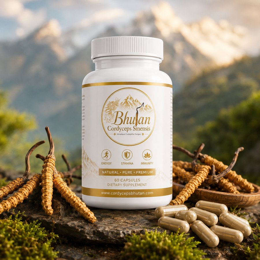 Bhutan Cordyceps Capsules - 30 capsule bottle with wild Cordyceps and Himalayan mountains